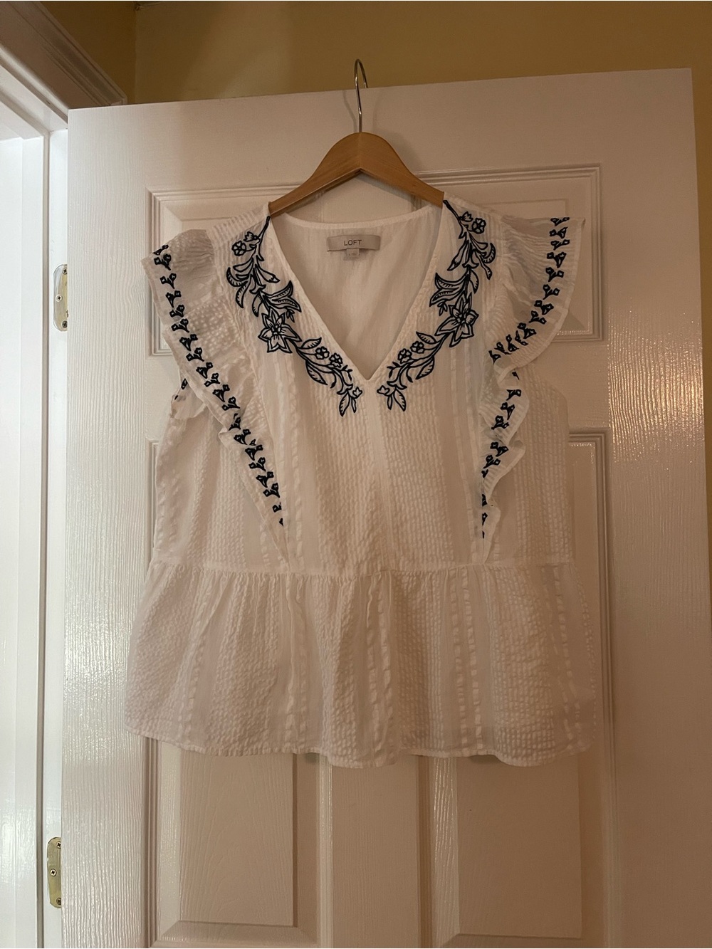 LOFT White Peplum Blouse with Navy Floral Embroidery